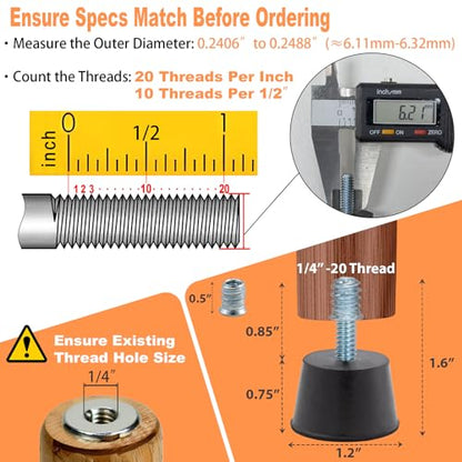 NEWBYTEK Adjustable 1/4" Rubber Threaded Furniture Levelers - 16 Pack | Screw-in Table Chair Feet Glides for Chairs, Tables, Cabinets, Patio Furniture - size: 1/4-20 Thread, 16 Pack