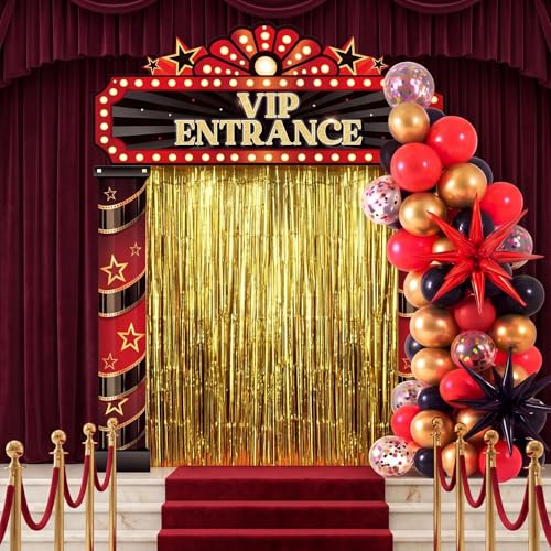 Peryiter 122 Pcs Movie Night Party Decorations VIP Entrance Backdrop Banner Set Red & Black Foil Fringe Curtain Balloon Arch Kit Movie Themed Supplies for Birthday Film Premiere - style: Movie Night