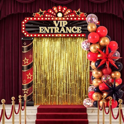 Peryiter 122 Pcs Movie Night Party Decorations VIP Entrance Backdrop Banner Set Red & Black Foil Fringe Curtain Balloon Arch Kit Movie Themed Supplies for Birthday Film Premiere - style: Movie Night