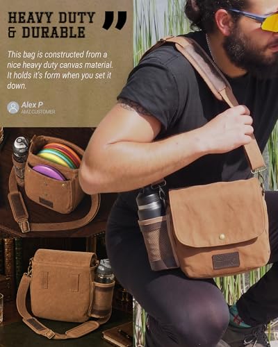 Disc Golf Bag | Frisbee Golf Bag | Easy to Carry | Lightweight Fits Up to 10 Discs | 16 oz Waxed Canvas Sturdy Design | Belt Loop | Double Button Design | Bottle Holder - style: Waxed Canvas / Leather - Brown