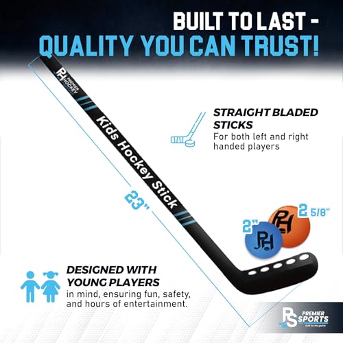 Premier Sports Kids Hockey Set – (4) Sticks, (2) Mini Goals, (1) Foam & (1) Standard Balls – Complete Beginner Set for Ages 3-9
