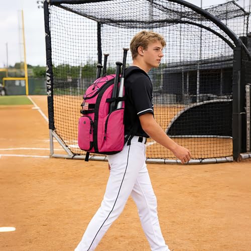 Goloni Baseball Bag, 60L Capacity Softball bag Holds 4 Bats for Youth & Adult, Baseball Bat Backpack with Shoes Compartment,Helmet Holder,Fence for Hook T-Ball, Softball Equipment, Baseball Gear - color: Pink