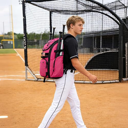 Goloni Baseball Bag, 60L Capacity Softball bag Holds 4 Bats for Youth & Adult, Baseball Bat Backpack with Shoes Compartment,Helmet Holder,Fence for Hook T-Ball, Softball Equipment, Baseball Gear - color: Pink