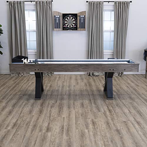 American Legend Kirkwood 9’ Shuffleboard Table with LED Rails, Bowling Game Set, Rustic Wood Finish & Accessories Included