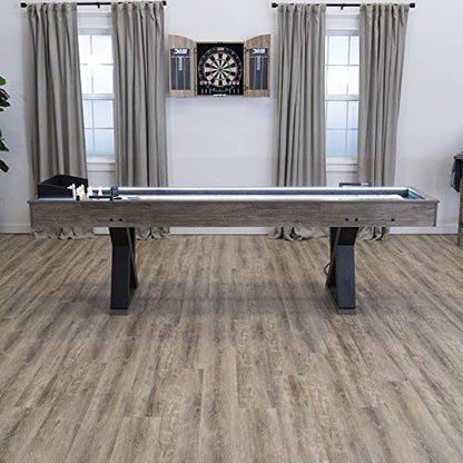 American Legend Kirkwood 9’ Shuffleboard Table with LED Rails, Bowling Game Set, Rustic Wood Finish & Accessories Included