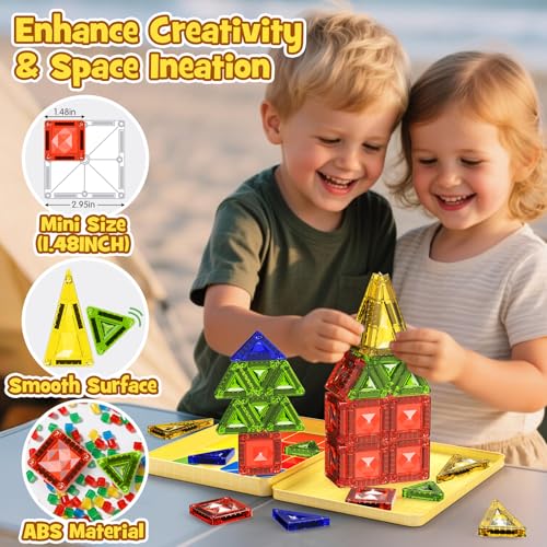 Mini Magnetic Tiles Travel Set - 40PCS Diamond Texture Magnetic Building Blocks for Kids, 10% Thicker & Portable Yellow Metal Storage Box, Montessori STEM Educational Toys Gift for Ages 3+ - size: 40 PCS