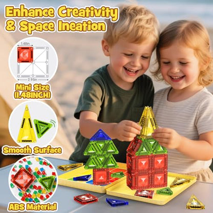 Mini Magnetic Tiles Travel Set - 40PCS Diamond Texture Magnetic Building Blocks for Kids, 10% Thicker & Portable Yellow Metal Storage Box, Montessori STEM Educational Toys Gift for Ages 3+ - size: 40 PCS