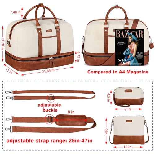 Weekender Bag for Women, Large Overnight Bag Canvas Travel Duffel Bag Carry On Tote with Shoe Compartment 21" 3Pcs Set - color: A01-brown+beige