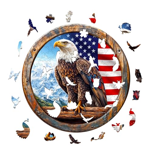 KAAYEE Wooden Puzzles for Adults, 3D Vision Effect Bald Eagle Wooden Jigsaw Puzzle Unique Shape Wood Puzzle Adult, Flat Puzzle Birthday Fathers Family Game (S-8.5 * 8.5in-100pcs) - size: Small