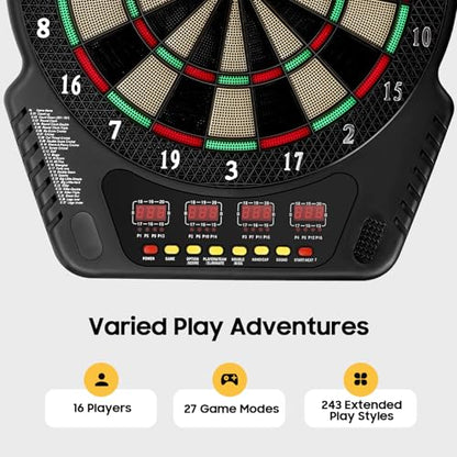 Electronic Dart Board, 6 Darts Scoreboard LED Electric Digital Auto-Scoring Dartboard Innovative Dart Machine, up to 16 Players, 27 Games, 243 Variations