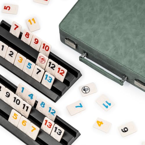 Rummy Game Set, 2-4 Players with 106 Rummy Tiles and 4 Racks, Rummy Travel Game Set with Faux Leather Case, Fun Family Classic Board Games (Green) - color: Green