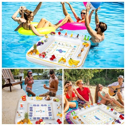 Elcoho 55 x 55 Inch Extra Large Inflatable Game Table with Waterproof Playing Cards Floating Pool Table Drink Holder Inflatable Ice Serving Tray Buffet Bar for Pool Summer Party, White - color: White