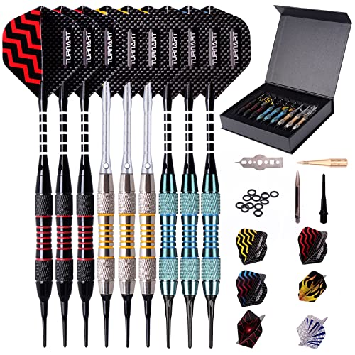 Turnart Darts Plastic Tip - Professional Soft Tip Darts Set for Electronic Dartboard 9 Pcs 18 Grams with 50 Extra Tips 9 Shafts 27 Flights Tool Kit Flight Protectors and Gift Darts Case - color: Blue