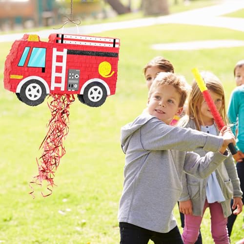 WERNNSAI Fire Truck Piñata - Firetruck Birthday Decorations Piñata for Boys Kids Firefighter Truck Theme Birthday Party Game Decorations Bundle with Blindfold and Bat - style: Fire Truck