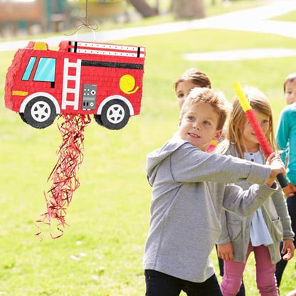 WERNNSAI Fire Truck Piñata - Firetruck Birthday Decorations Piñata for Boys Kids Firefighter Truck Theme Birthday Party Game Decorations Bundle with Blindfold and Bat - style: Fire Truck