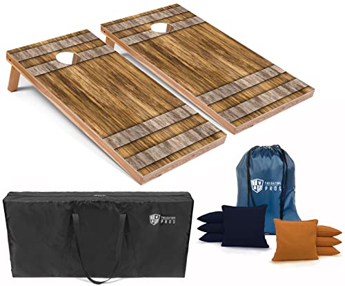 Tailgating Pros Cornhole Boards - 4'x2' Wood Pattern Cornhole Game w/Built-in Multicolored LEDs, Carrying Case, & Set of 8 Corn Hole Bean Bags w/Tote - color: 4'x2' Wooden Barrel