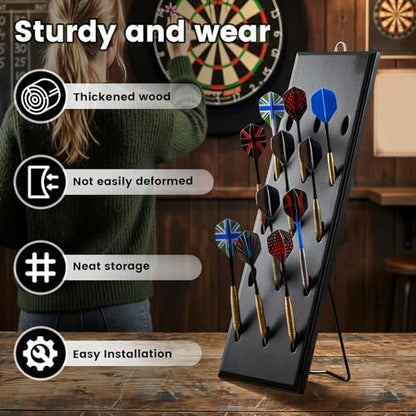 Wall Mounted Dart Holder with Storage Bag, 15 Hole Wooden Dart Storage with Metal Hook and Rear Stand, Dart Accessory for Game Room and Bar