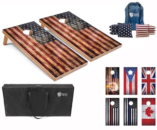 Tailgating Pros Regulation Cornhole Boards Flag Set - Includes 8 Bean Bags, Carrying Cases, and 4'x2' Corn Hole Toss Game - color: Distressed Flag