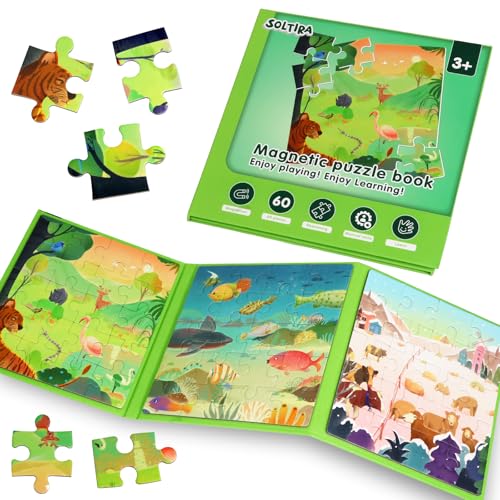 Magnetic Puzzles for Toddlers 3-5 60PCS-3 Animal Themes Magnetic Puzzles for Kids 4-6 Travel Puzzle for Airplane/Car/Road Trip/Gift Toys for 3 4 5 6 7 8 Girls and Boys - color: Herds, Schools of Fish, Forest Animals