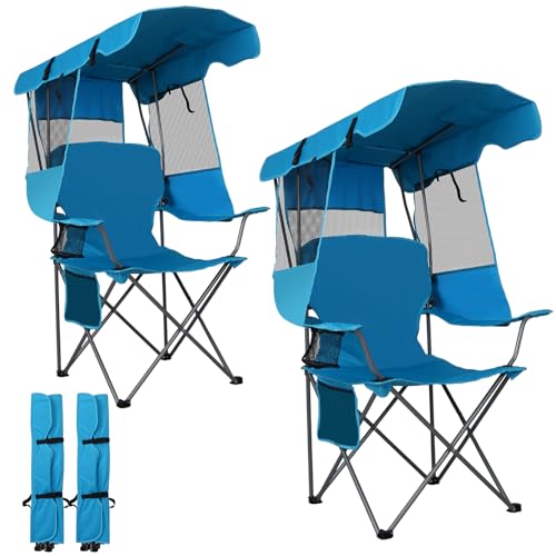 Romswi Large Folding Canopy Camping Chairs for Adult 2 Pack, Portable Outdoor Chairs with Sunshade,Cup Holder & Side Pocket for Camping, Fishing, Beach, Backyard, Sea Blue - color: Sea Blue