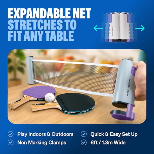 PRO-SPIN Portable Ping Pong Set with Retractable Ping Pong Net for Any Table, All-in-One Table Tennis Set with Ping Pong Paddles, Balls & Case, Table Top Family Game - color: 2-Player Set | Purple/Blue