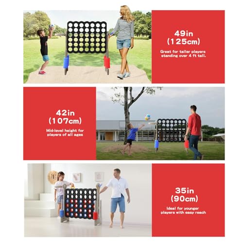 UNICOO Jumbo 4-in-a-Row Game Set, Height Adjustable Indoor Outdoor Yard Game with Basketball Hoop, Ring Toss & Carrying Bag, Family Party Lawn Game for Kids and Adults - color: Grey & Black