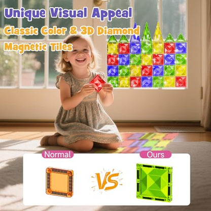 WMXDU 60pcs Large Diamond Magnetic Tile, Magnetic Building Blocks Magnet Toy with Iron Box, STEM Educational Montessori Indoor Building Kit for Preschool Boys Girls Age 3+ Classroom Must Haves - style: 60pcs-Large