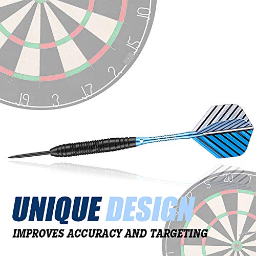 Darts Metal Tip Set - 3 Pack Professional 22 Grams Steel Tip Darts with Slim Case Black Purple Blue Aluminum Shafts 9 Flights 50 Rubber O'Rings 1 Dart Sharpener 12 Spring Rings - color: 22 Grams - blue