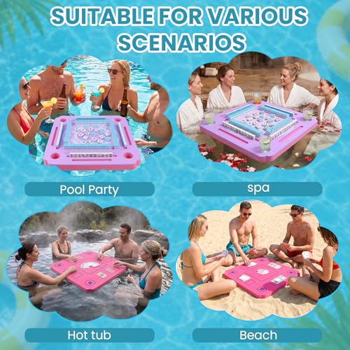 Floating Mahjong Table for Pool, Double Sided Floating Game Table with Cup Holders, for Mahjong Poker Card Games, Floating Mahjong Board for Hot Tub Lake Beach, Adults Summer Party (Purple) - color: Floating Game Table is Purple