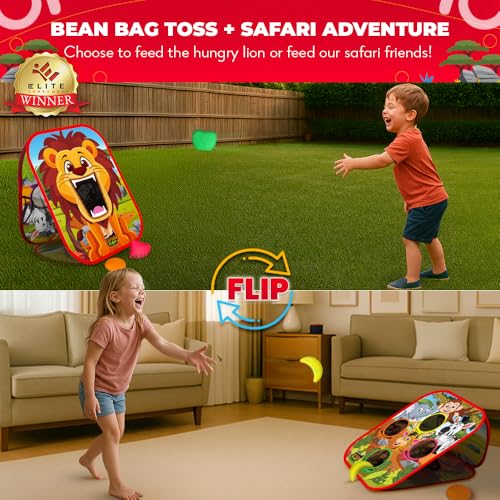 Swooc Games® - Safari Sling | 2-in-1 Bean Bag Toss Game for Kids | 5-Second Setup Kids Cornhole Game Set | Outdoor Toddler Activities | Backyard Party Games | Corn Hole Set Toddler Bean Bag Toss