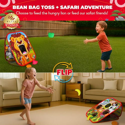 Swooc Games® - Safari Sling | 2-in-1 Bean Bag Toss Game for Kids | 5-Second Setup Kids Cornhole Game Set | Outdoor Toddler Activities | Backyard Party Games | Corn Hole Set Toddler Bean Bag Toss