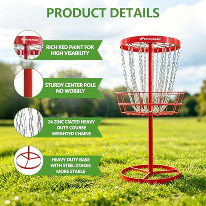 Portable Disc Golf Basket, 24-Chain, All-Weather Metal Disc Golf Goal with Heavy-Duty Carrying Bag, Easy Assembly for Backyard, Park & Outdoor Training - style: Red