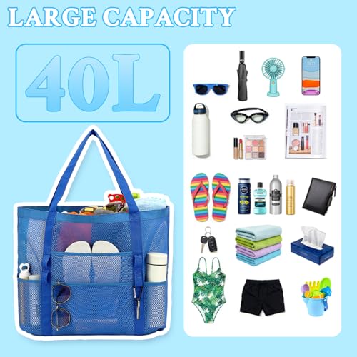 GYEUKHAM Mesh Beach Bag for Women, Sand-Resistant Pool Tote, 9 Pockets (1 Inner Zip), Foldable Family Travel Essentials - color: L-blue