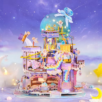 Tonecheer 3D Wooden Puzzle for Adults - Star Workshop, Mechanical Transmission Model Kit, Dynamic DIY Building Set with Music & Lights, Miniature House Kit Ideas - style: Star Workshop