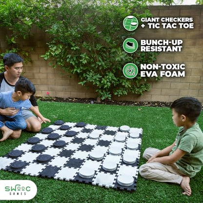 Swooc Games® - 2-in-1 Premium Giant Checkers & Tic Tac Toe Game (4ft x 4ft) - 100% High Density EVA Foam Mat & Pieces - Extra Large Checkers Set with Jumbo Checkerboard and Yard Size Tic Tac Toss