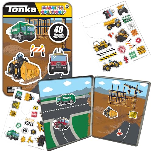 TCG Toys Tonka Magnetic Creations Tin with 40 Magnetic Play Pieces in Tin That Doubles As Storage Space, Multicolor - style: Tonka