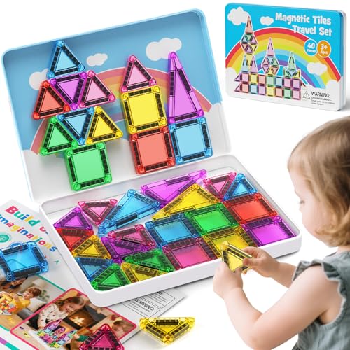 40 Pieces Magnetic Tiles for Kids Ages 4-8, Travel Magnetic Building Blocks Set with Iron Box, STEM Outdoor Kids Toys Gift for Boys & Girls 3+ Year Old, Pocket-Sized Classroom Must Haves - style: 40PCS Rainbow