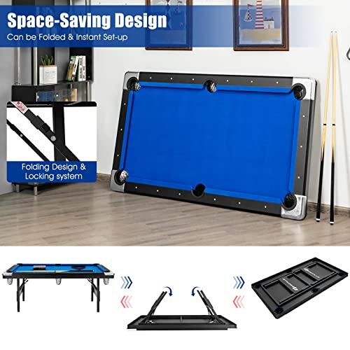 Goplus 6 FT Folding Pool Table, 76 Inch Portable Billiard Tables for Adults W/Foldable & Locking Legs, Adjustable Feet, Full Accessory Kit of 2 Cues, 16 Billiard Balls, Triangle, Brush, Chalk