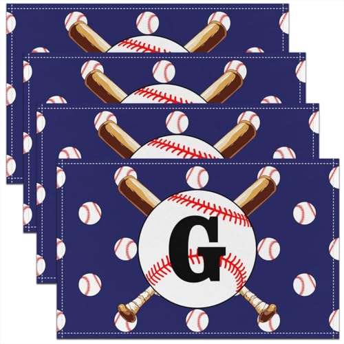 Baseball Placemats Initial Letter G Print Table Mats for Boys Teens Adults Baseball Bat Ball Sports Blue Kitchen Mats for Dining Table 12x18 Inch Set of 4 - color: Blue G