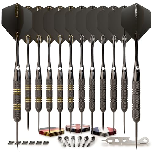 CC-Exquisite Darts Set | Professional 12 X 20/22g Metal Tip Darts | Steel Tip Darts with 24 Flights & 18 Aluminum shafts + Dart Tool, Rubber O-Rings - color: Gold & Black