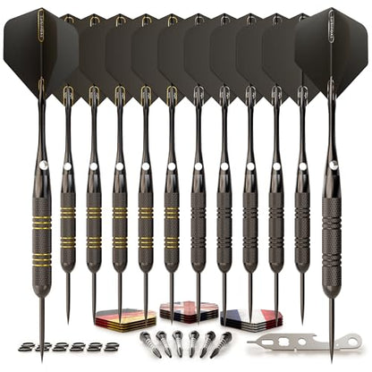 CC-Exquisite Darts Set | Professional 12 X 20/22g Metal Tip Darts | Steel Tip Darts with 24 Flights & 18 Aluminum shafts + Dart Tool, Rubber O-Rings - color: Gold & Black