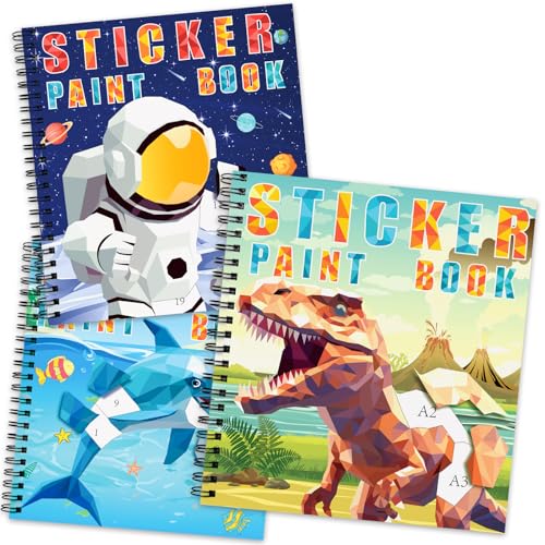 homicozy 3PCS Sticker Paint Books for Kids Ages 4-10,Dinosaur Astronaut Ocean Animals Designs Paint by Stickers,Sticker by Numbers,Party Birthday Gifts for Boys 4-10,Create 30 Pictures at a Time - style: Style2-3PCS