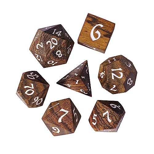 Wood DND Dice, 7pcs RPG Polyhedral Dice Set with Iron Box, for D&D Role Playing Games (Brown with Black Striped) - color: Brown Black Striped