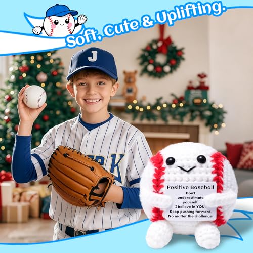 OkiyiD Mini Funny Positive Gifts Baseball, Knitted Wool Baseball Crochet Toy with Positive Card, Creative Cute Emotional Support Cheer Up Keepsake Gift for Kids Boys Men College Temmate - style: baseball