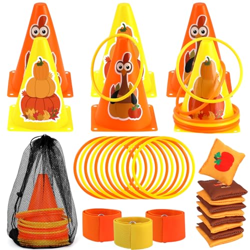 4 in 1 Fall Festival Thanksgiving Party Games with Ring Toss, Plastic Cones, Bean Bags, 3-Legged Race Bands, Thanksgiving Games for Family Boy Girl Adult Carnival Friendsgiving Outdoor Yard Activities - color: Fall Thanksgiving Orange