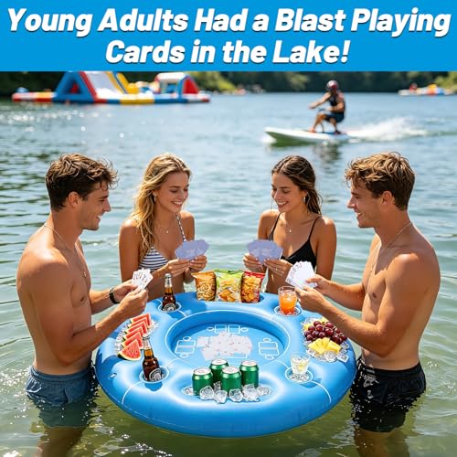Biggun Floating Pool Game Table - Spacious Inflatable Board Games Table with Waterproof Playing Cards, Fun to Use Food Drink Bar for Summer Pool Accessories