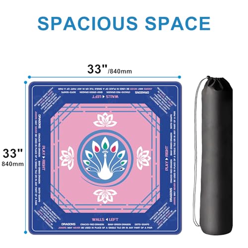 Mahjong Mat 33"x33" - Non-Slip Noise Reduction Gaming Mat with Beginner Rules for American Mahjong, Chinoiserie Peacock & Lotus Artwork Waterproof Surface with Carry Bag for Game Nights, Gift (Blue) - color: Blue-1