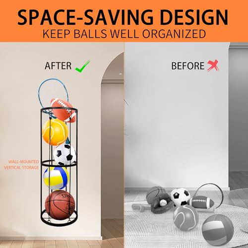 Garage Ball Storage Rack, Wall-Mounted Basketball Holder, Vertical Ball Rack for Soccer Volleyball Football Basketball, Space-Saving Sports Ball Storage Organizer for Garage & Home