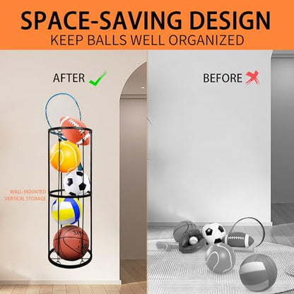 Garage Ball Storage Rack, Wall-Mounted Basketball Holder, Vertical Ball Rack for Soccer Volleyball Football Basketball, Space-Saving Sports Ball Storage Organizer for Garage & Home