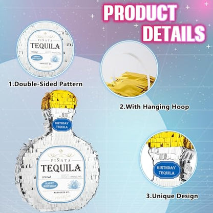 WERNNSAI Tequila Bottle Piñata - Disco Party Decorations for Adults Silver Patron Tequila Piñata with Blindfold for Bachelor Birthday Party Supplies 11.7” x 16.5” - style: Tequila